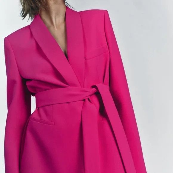 Zara ZARA SET Tuxedo Collar Blazer Belted & Pant neon Fuschia Size L / US 10 / IT 46 - 3 Thumbnail