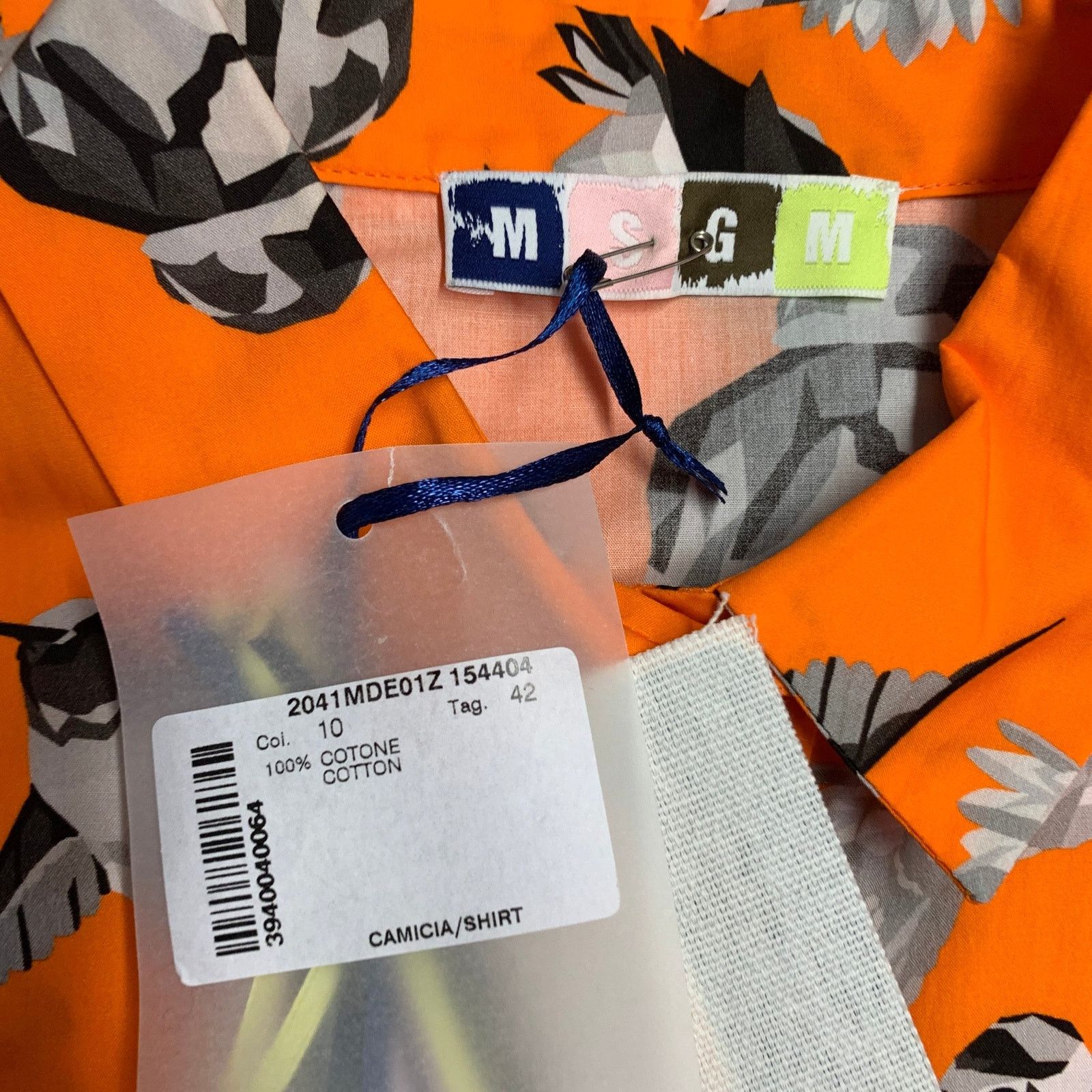 MSGM Orange Black White Cotton Birds One Pocket Shirt Size US M / EU 48-50 / 2 - 4 Thumbnail