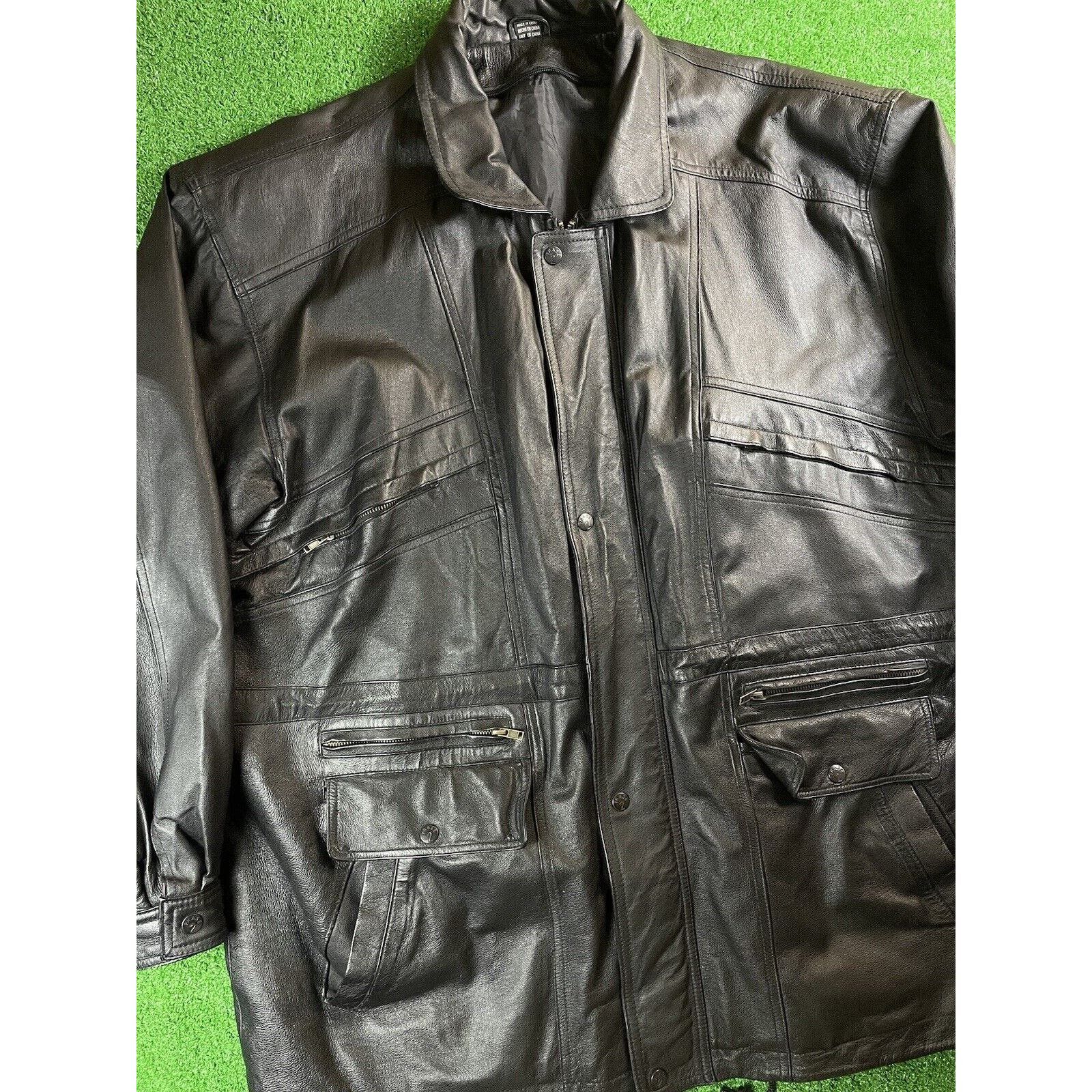 Image of Vintage 90's Tech Black Leather Baggy Trench Coat Jacket, Men's (Size 2XL)