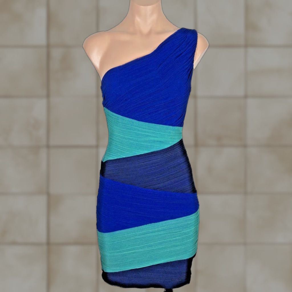 VINTAGE BCBGMAXAZRIA Kira dress One Shoulder Ruched Colorblock blue green  XS Womens Short Sleeveless Party/Cocktail