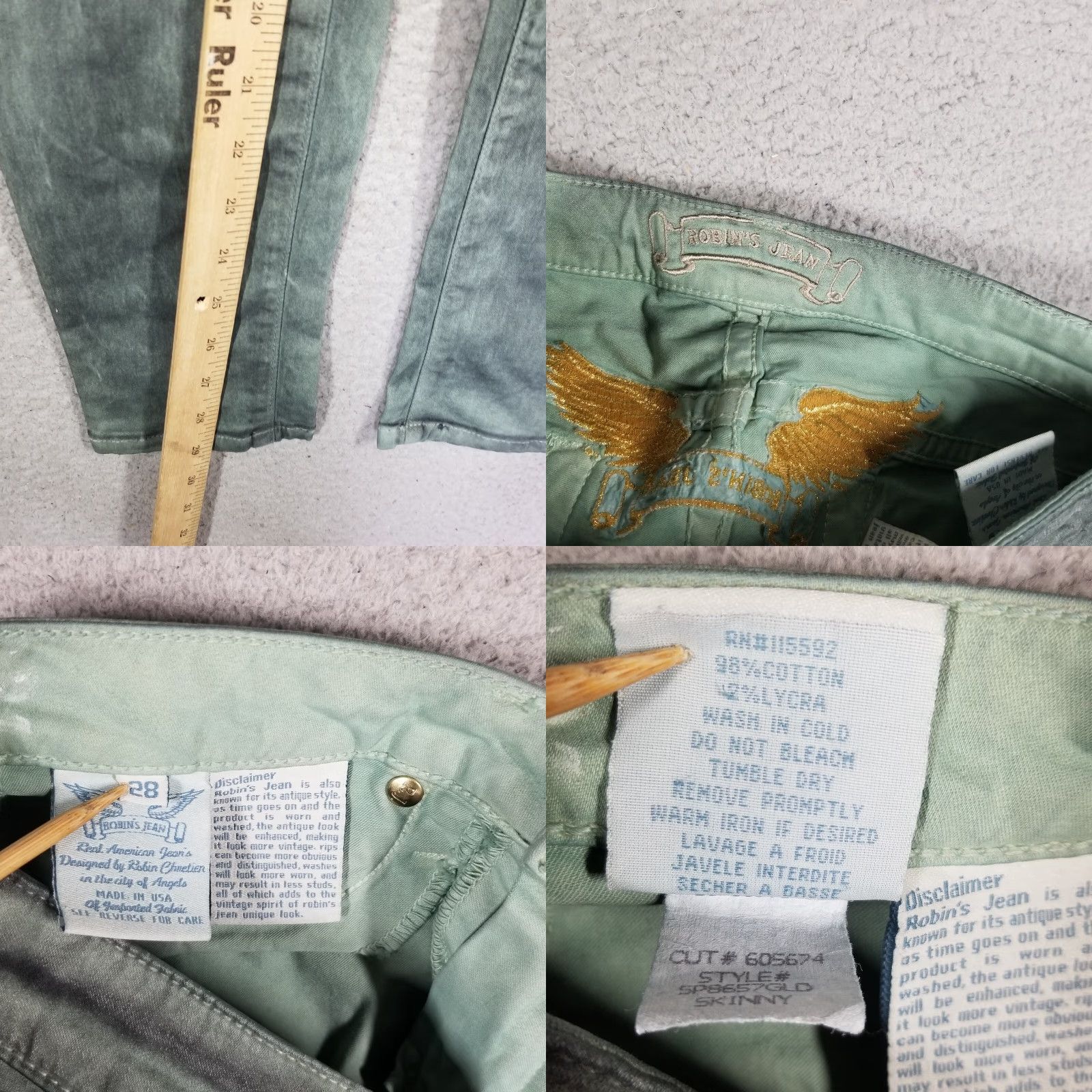 Vintage VINTAGE Robin's Jeans Women's Skinny Fit 28 Green Denim Grunge 90s Distressed Slim Boyfriend Size 28" / US 6 / IT 42 - 8 Thumbnail
