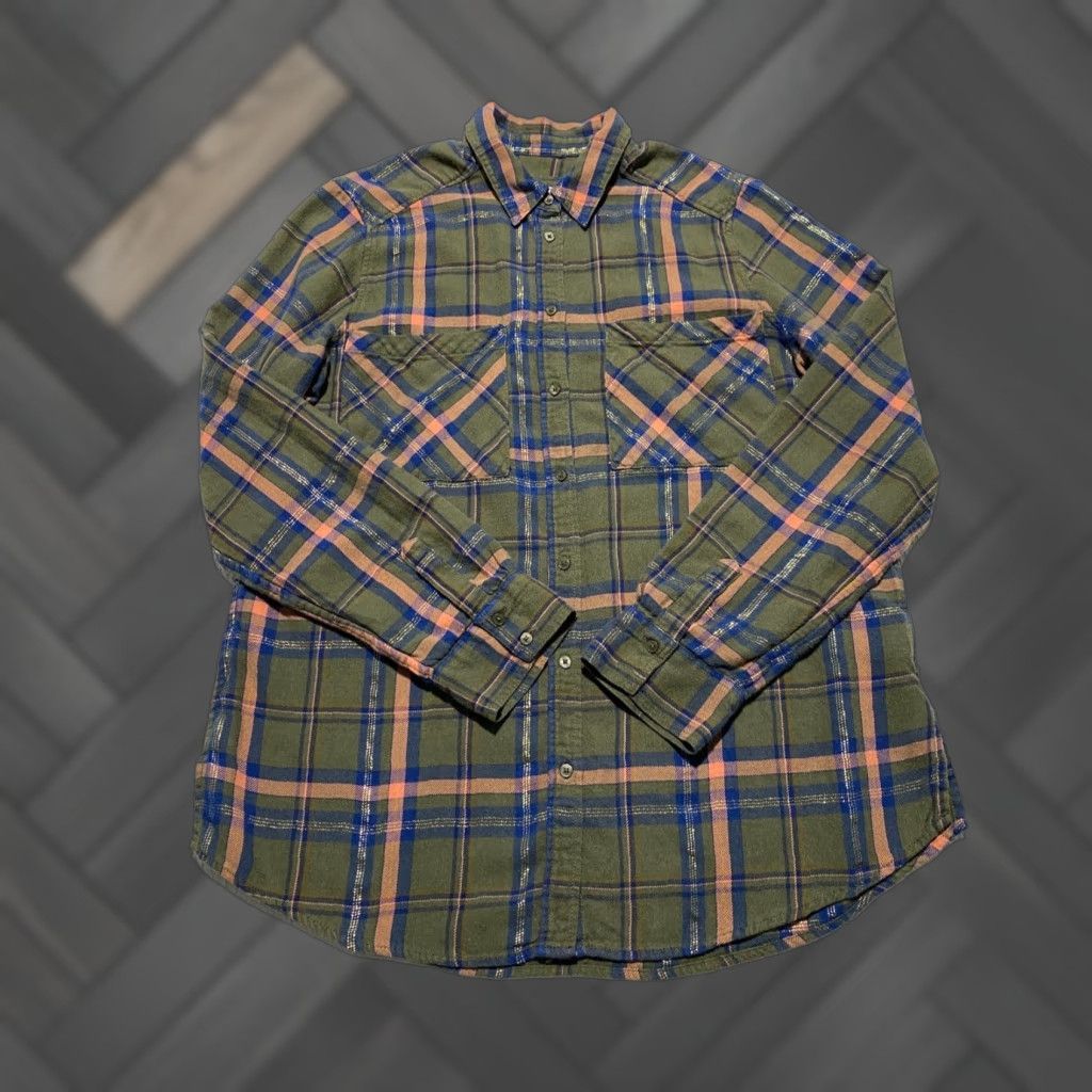 Express VINTAGE Express Boyfriend Plaid Flannel Shirt Women Medium Green Pink Metallic Thread Size M / US 6-8 / IT 42-44 - 1 Thumbnail