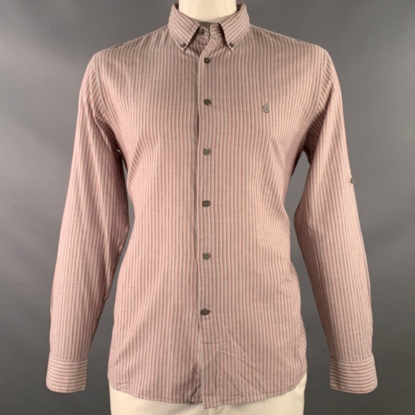 Size L Grey Pink Stripe Cotton Roll Tab Long Sleeve Shirt