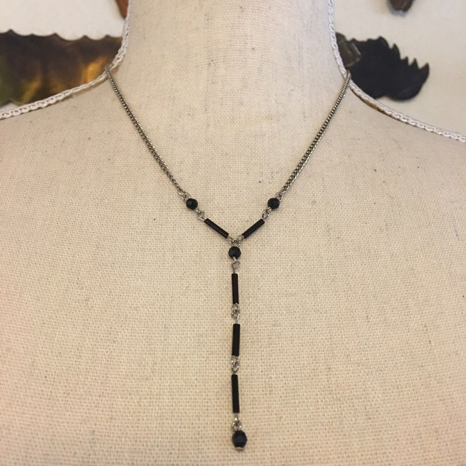 Jewelry Dainty Black Bugle Bead Silver Tone Chain Necklace, Women's