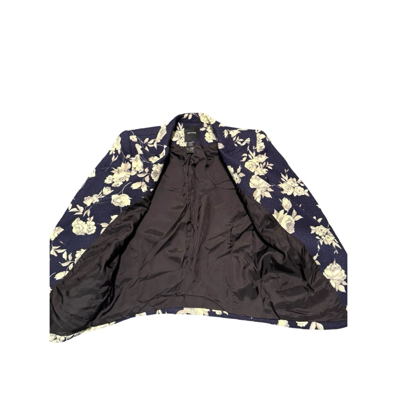 SMYTHE Smythe Blazer Women Floral Navy One-Button Size 4 Blue Tweed Linen Short Coat Jacket Business Casual Fall Spring Winter Canada Size S / US 4 / IT 40 - 6 Thumbnail
