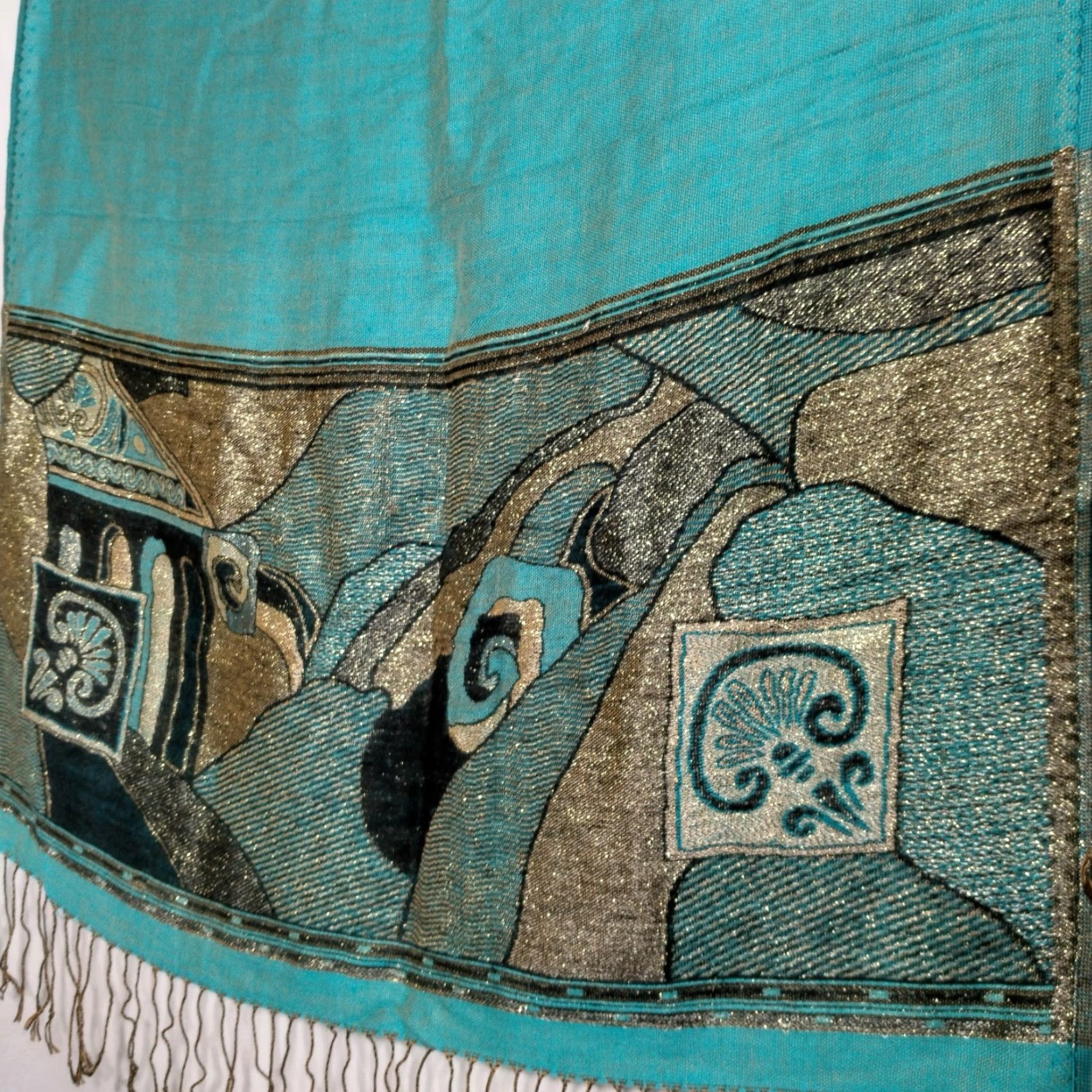 Vintage **Artsy Turquoise Blue Cashmere Scarf Woven Metallic Design Fringe** User: Artisan Turquoise Blue Cashmere Scarf Woven Metallic Design Fringe Size ONE SIZE - 6 Thumbnail