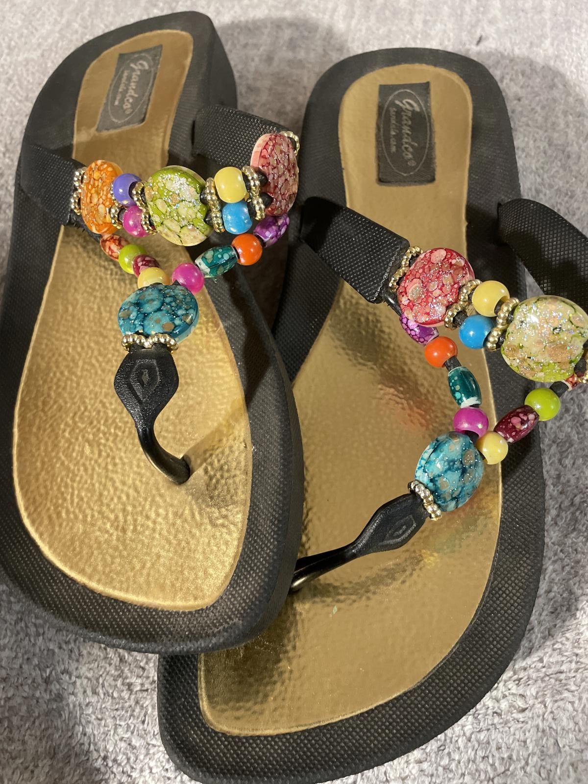 Other Grandco Sandals Women’s 9 Black Gold Beaded Flip Flops Beach Size US 9 / IT 39 - 2 Thumbnail