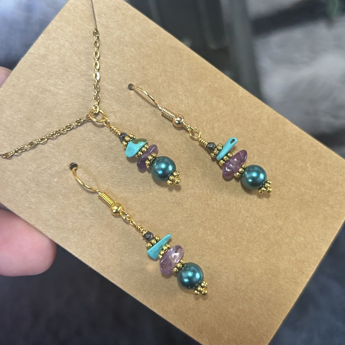 Handmade Handcrafted amethyst turquoise pearl necklace set Size ONE SIZE - 1 Thumbnail