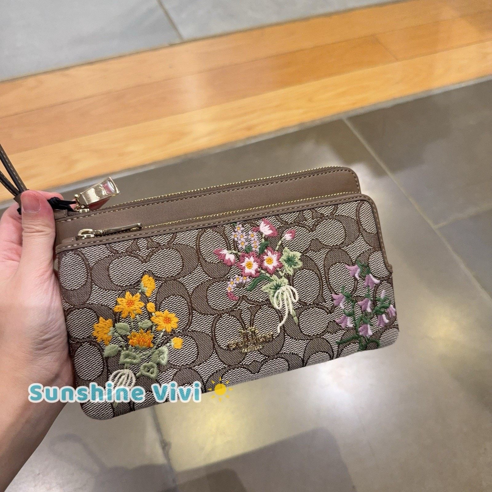 Coach NWT Coach Double Zip Wristlet Floral Embroidery Oak CEF63 Size ONE SIZE - 1 Thumbnail