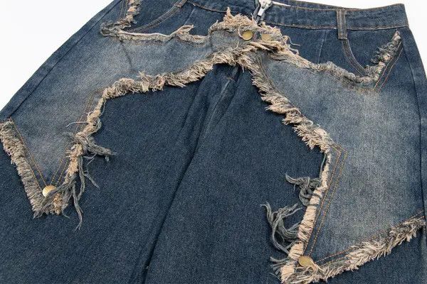Japanese Brand VIBE Star patch men's raw edge distressed washed loose jeans Size US 32 / EU 48 - 4 Thumbnail