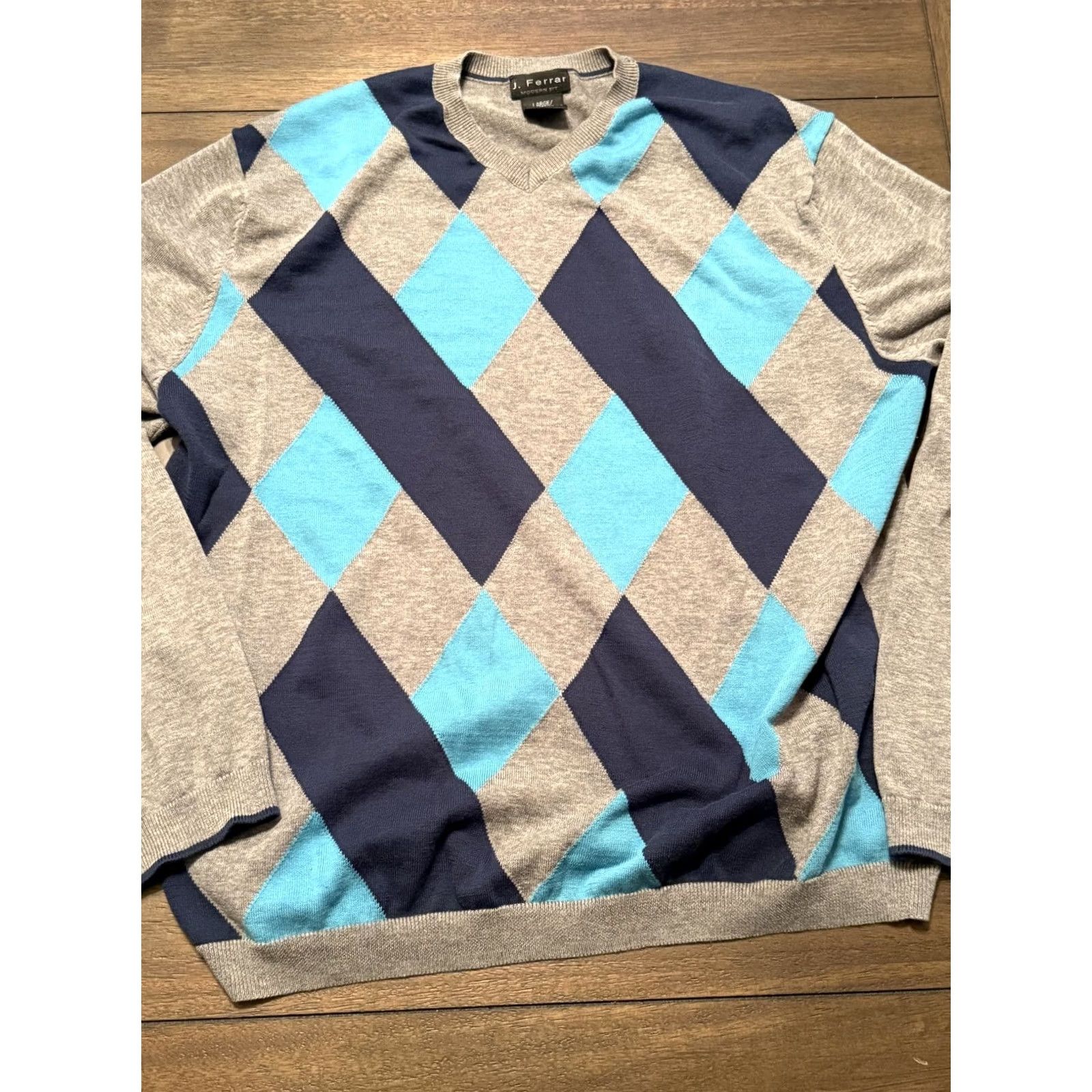Vintage J. Ferrar Sweater Mens Large Gray Blue Argyle Pullover Crewneck Modern Fit Size US L / EU 52-54 / 3 - 2 Thumbnail