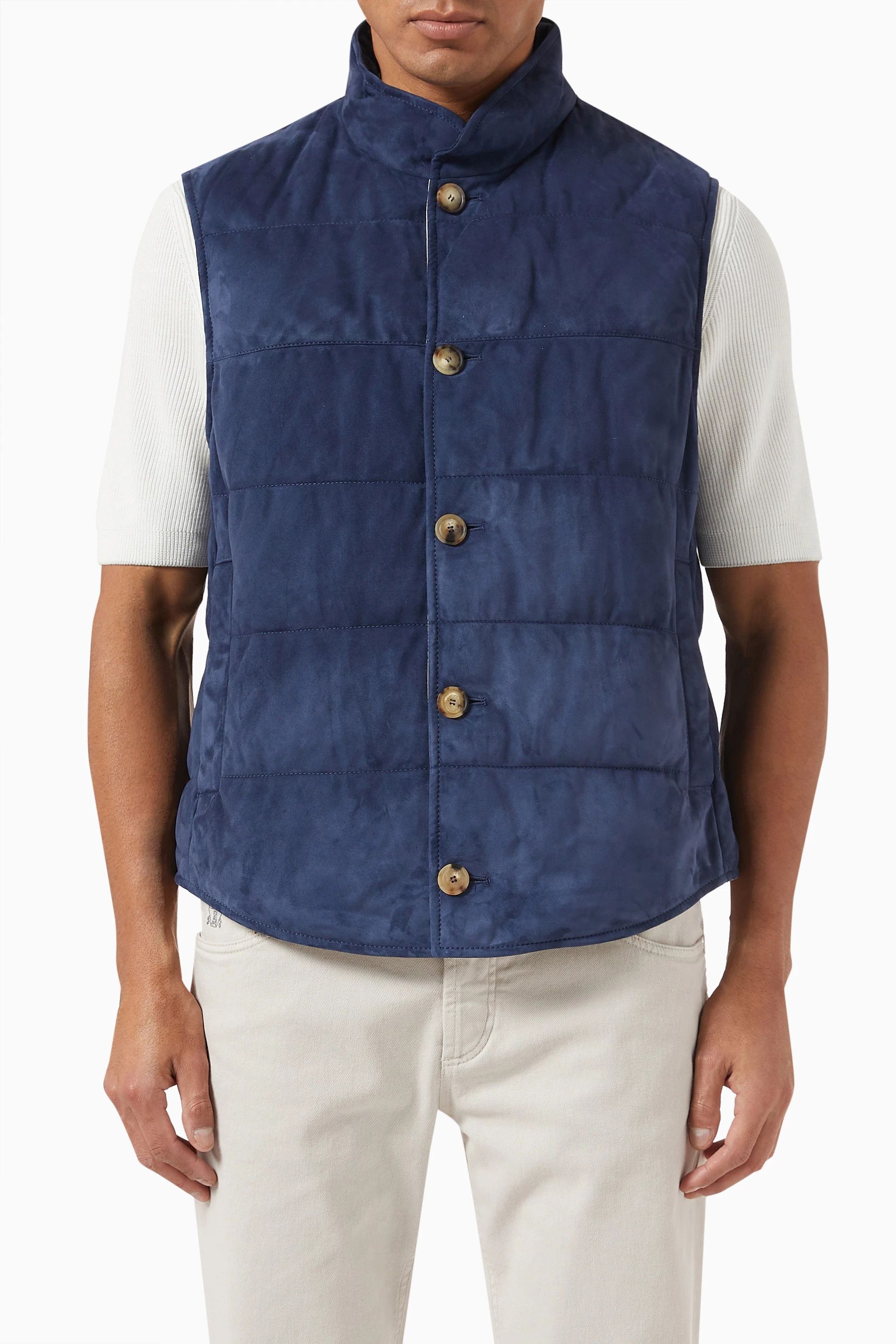 Brunello Cucinelli o1mle0624 Suede Quilted Gilets in Blue Size US XXS / EU 40 - 1 Thumbnail