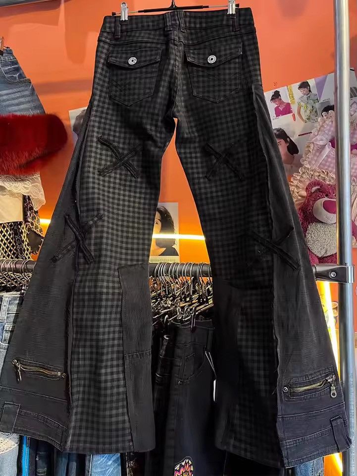 Japanese Brand Retro style plaid patchwork micro flared jeans Size US 29 - 1 Thumbnail