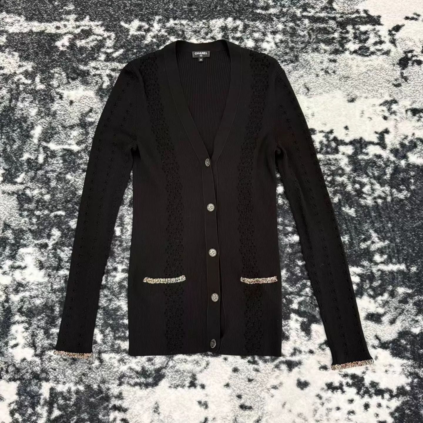 Chanel CHANEL Women's Black Openwork Knit Cardigan Size 40 Size M / US 6-8 / IT 42-44 - 1 Thumbnail