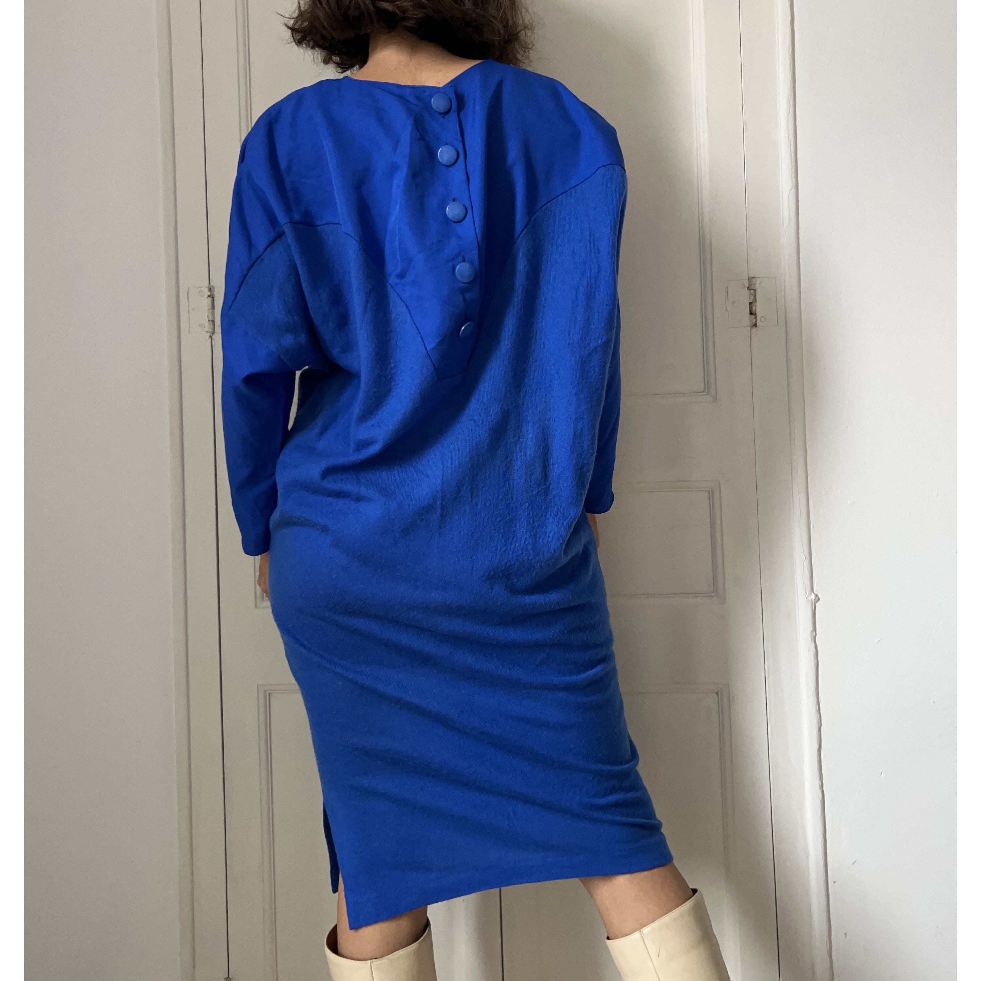 Vintage Vintage 80s Cobalt Blue Dolman Sleeve Midi Tunic Dress Size S / US 4 / IT 40 - 2 Thumbnail