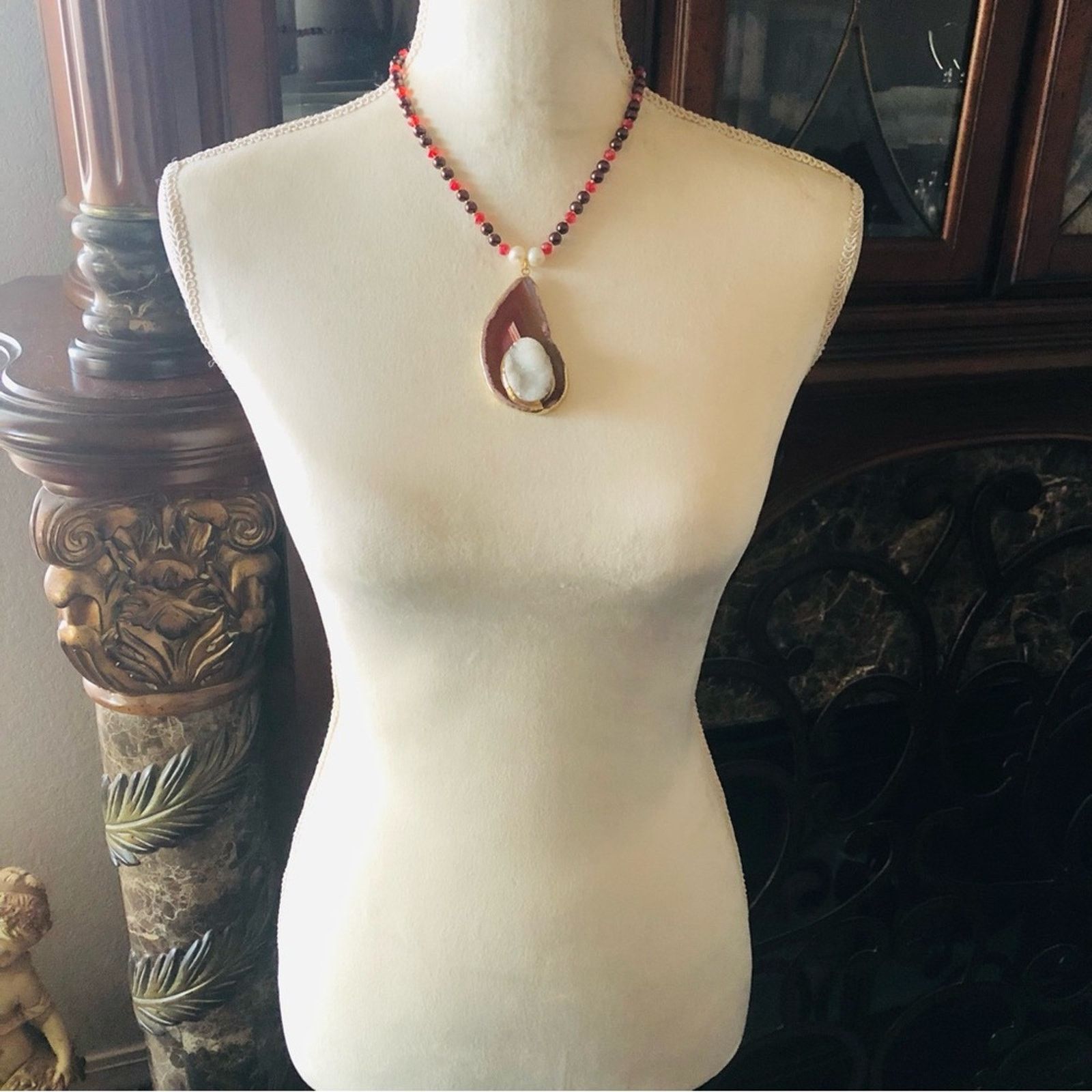 Handmade Handcrafted repurpose drusy agate slab Pearl necklace Size ONE SIZE - 6 Thumbnail