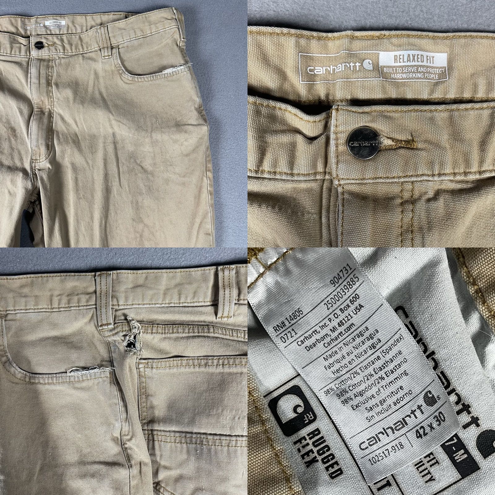 Carhartt Carhartt Jeans Mens 42x30 Relaxed Fit Distressed Brown Canvas 5-Pocket Workwear 102517-918 Size US 42 / EU 58 - 8 Thumbnail