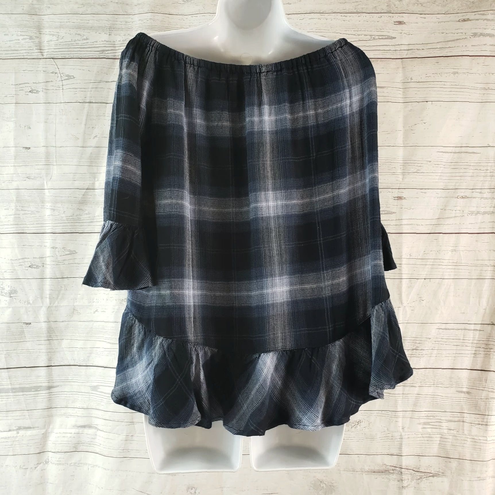 Vintage Beach Lunch Lounge Womens Blouse Off The Shoulder Top Sz M Blue Plaid Rayon 3/4 Sleeve Shirt Casual Womens Size M / US 6-8 / IT 42-44 - 4 Thumbnail