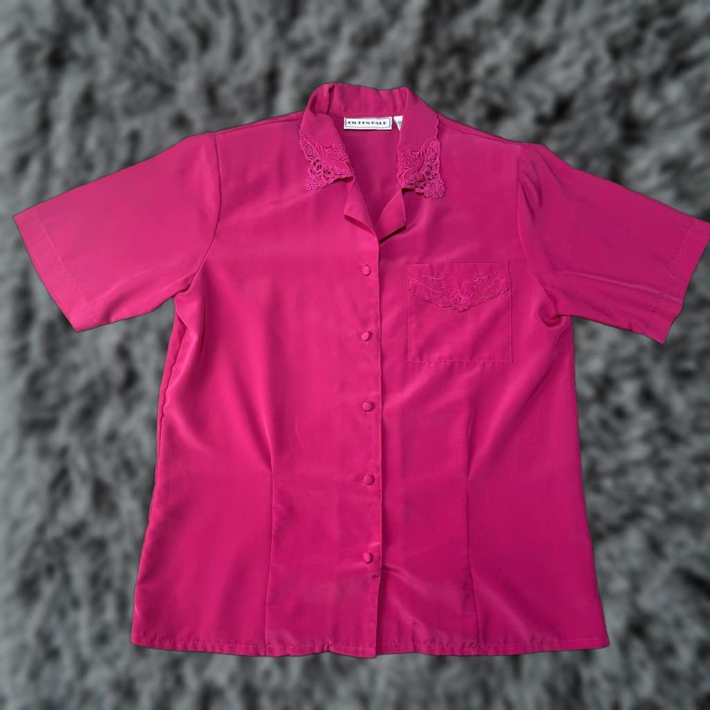 Vintage VINTAGE 80s Hot Pink Top Womens 8 Shoulder Pads Korea Dainty Lace Fairy Barbie Shirt 1980s Pink Womens 8 Size M / US 6-8 / IT 42-44 - 1 Thumbnail