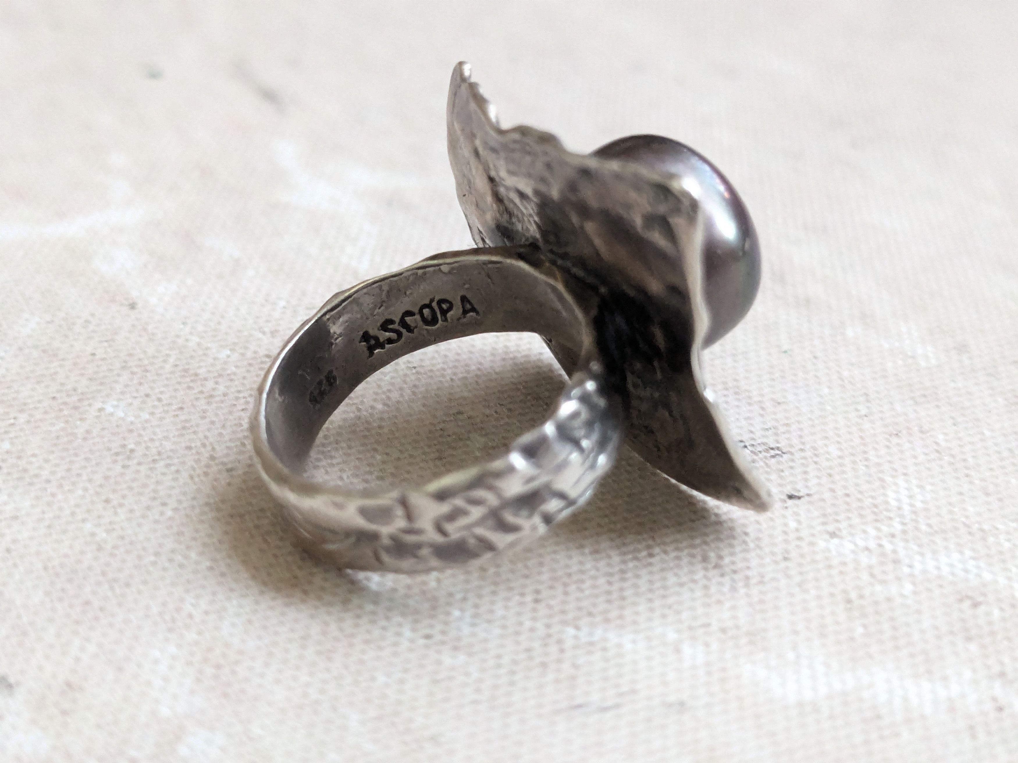 Sterling Silver Ascopa Sterling Silver Ring Black Pearl 4.5 Hammered Size ONE SIZE - 8 Thumbnail