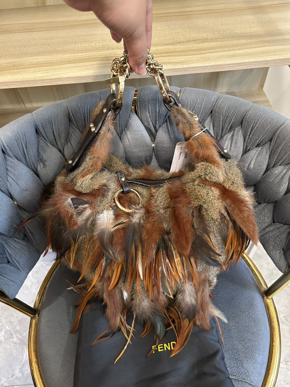 Fendi Fendi Feather & Rabbit Fur Small Croissant Chain Hobo Size ONE SIZE - 2 Thumbnail