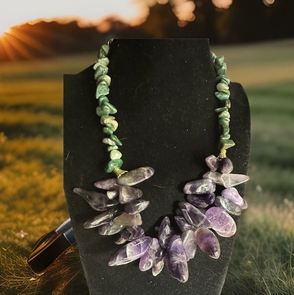 Handmade Vintage Amethyst Purple Green Real Multi Stone Statement Nec Size ONE SIZE - 1 Thumbnail