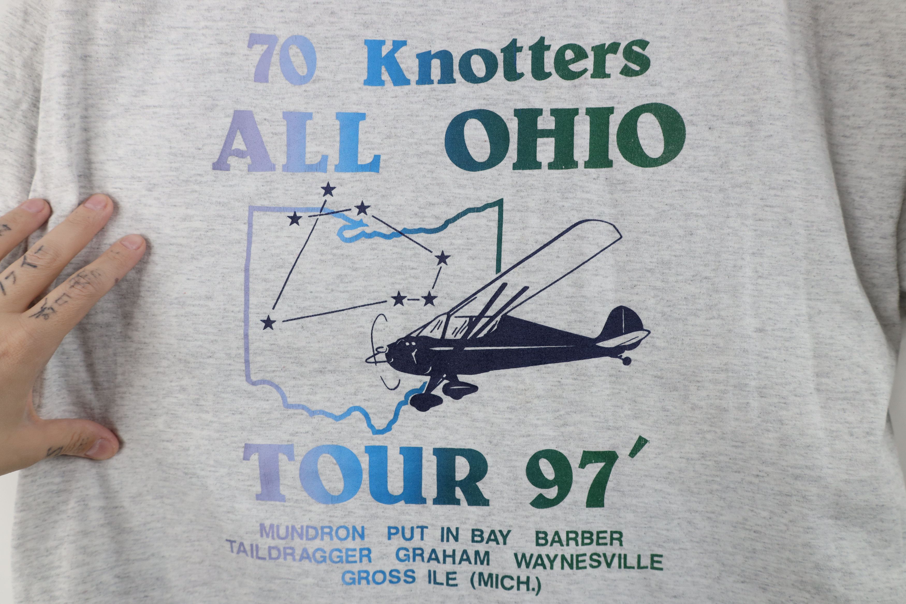Vintage Vintage 90s 70 Knotters All Ohio Airplane T-Shirt Gray Size US XL / EU 56 / 4 - 4 Thumbnail