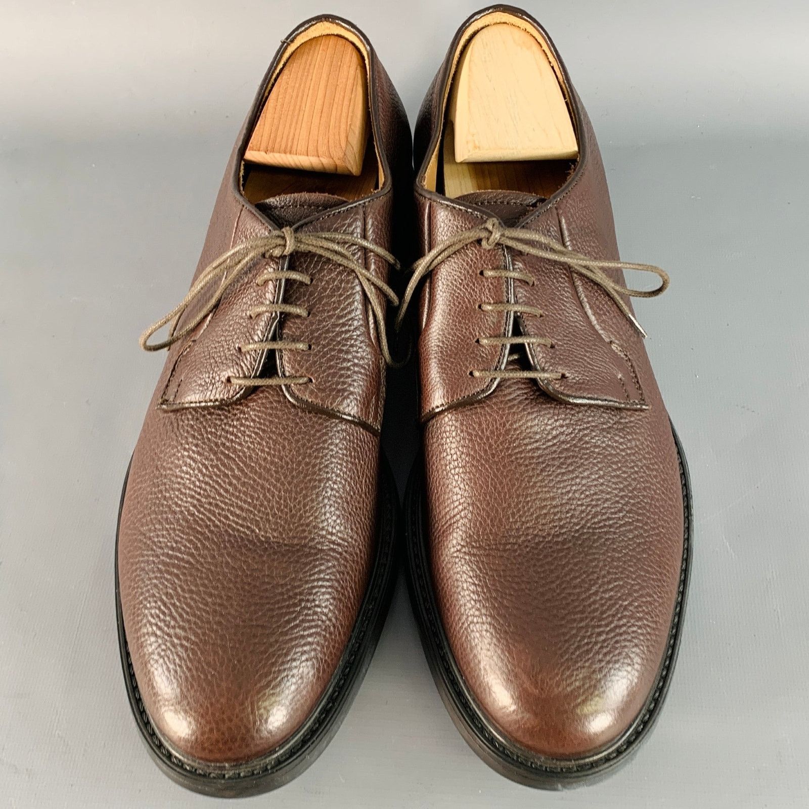 Barneys New York Size 11 Brown Pebble Grain Leather Derby Lace-Up Shoes Size US 11 / EU 44 - 4 Thumbnail