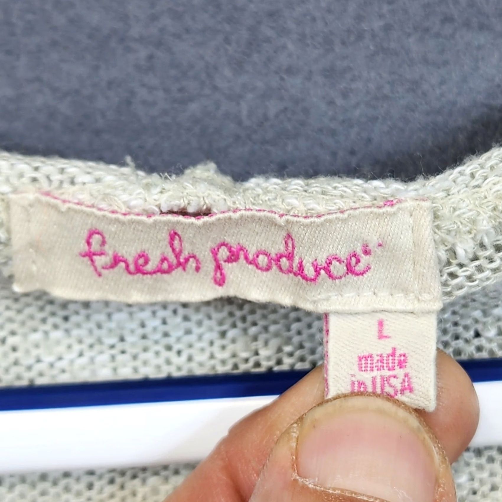 Vintage Fresh Produce Womens Large Grey Cream Pullover Hoodie Stretch Casual USA Size L / US 10 / IT 46 - 3 Thumbnail