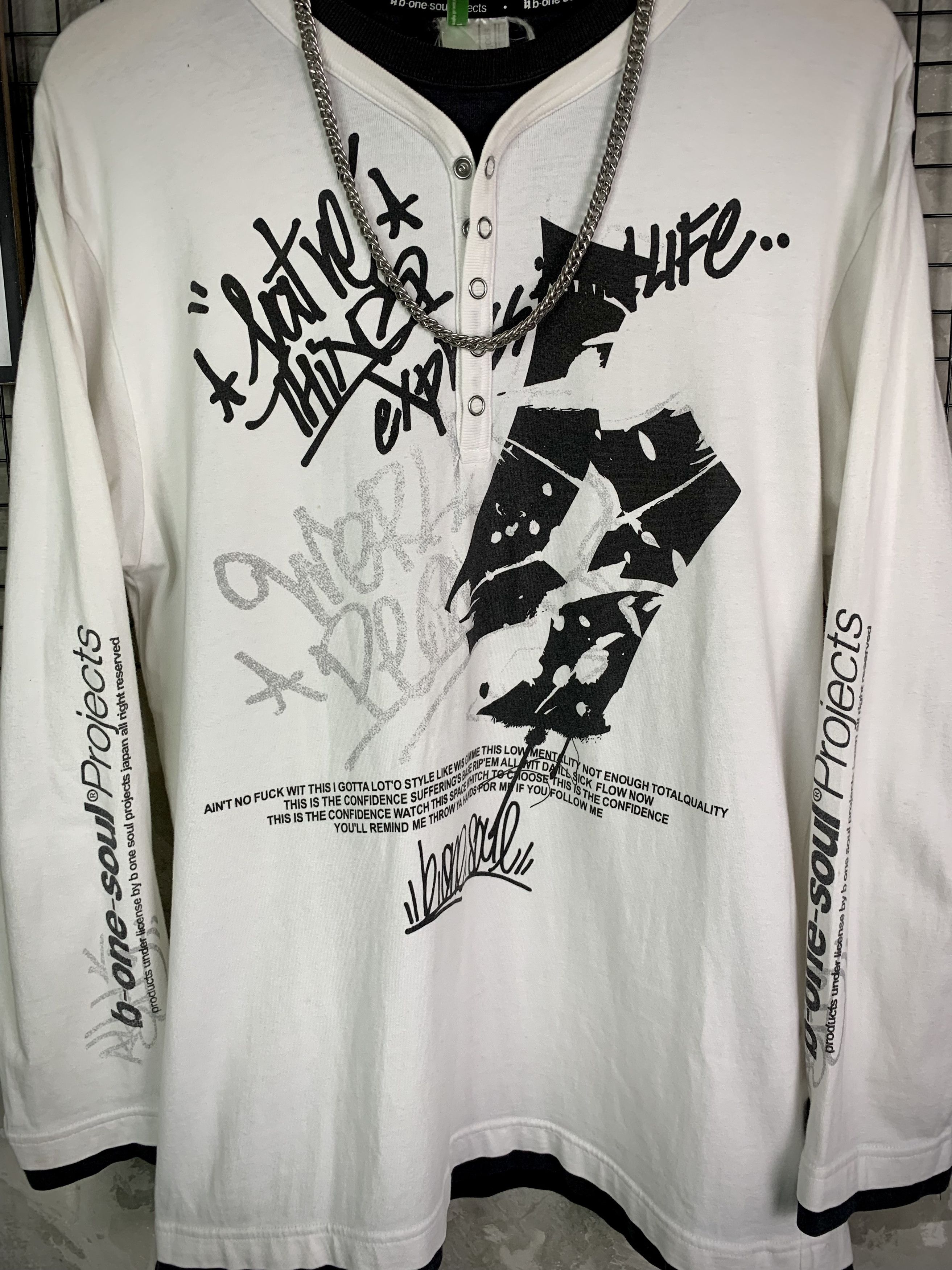 Japanese Brand Y2K B-One-Soul Projects Grunge White Poem Henley LongSleeve Size US L / EU 52-54 / 3 - 4 Thumbnail