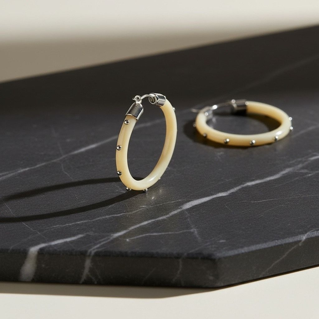 Ralph Lauren Lauren Ralph Lauren Cream Resin Studded Hoop Earrings Silver Size ONE SIZE - 2 Thumbnail