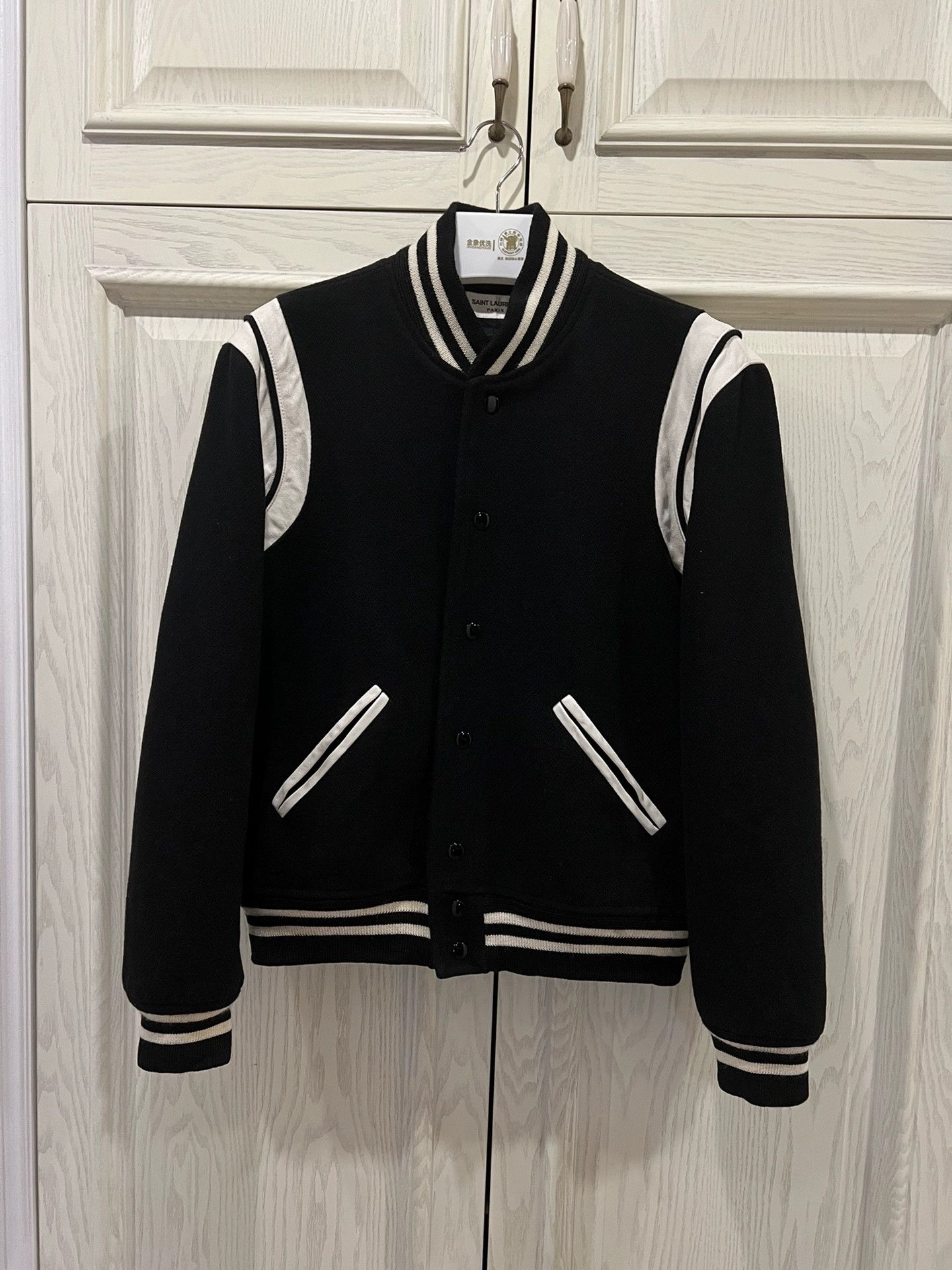 saint laurent black and white baseball jacket