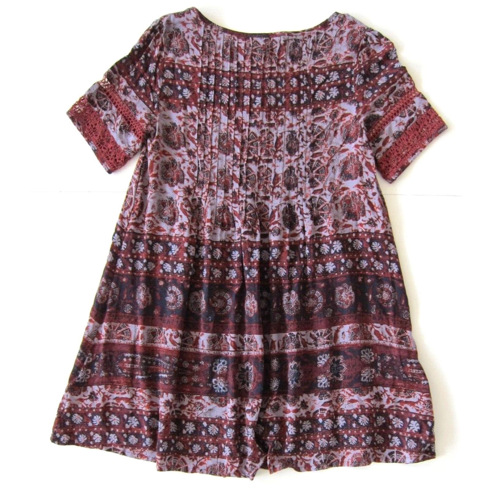 Vintage VINTAGE Ecote' 100% Rayon Purple Red Floral Paisley Short Sleeve Tunic Smock Dress XS Size 26" / US 2 / IT 38 - 2 Thumbnail