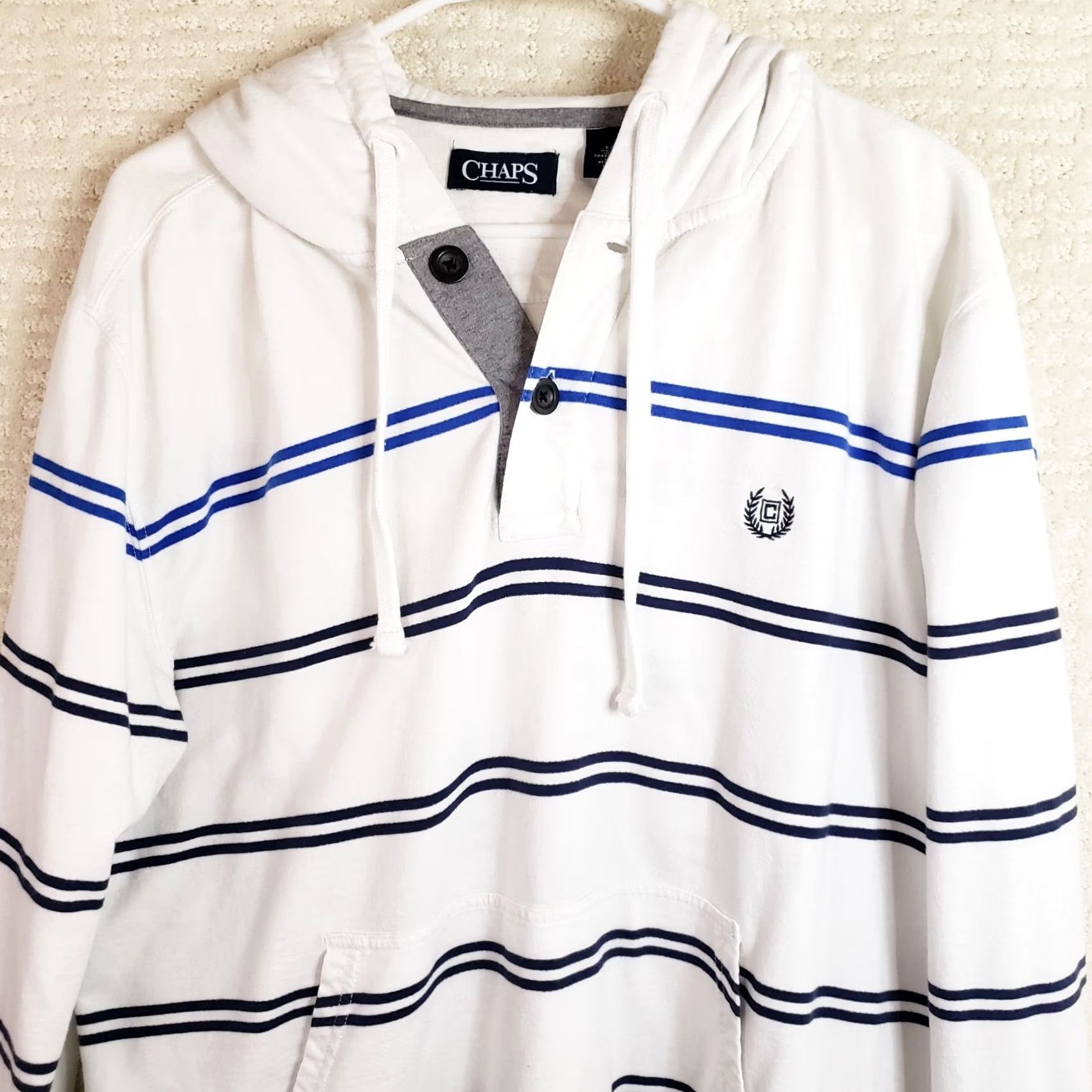 Chaps Chaps Men's L White Blue Navy Striped Cotton Blend Long Sleeve Pullover Hoodie Size US L / EU 52-54 / 3 - 2 Thumbnail