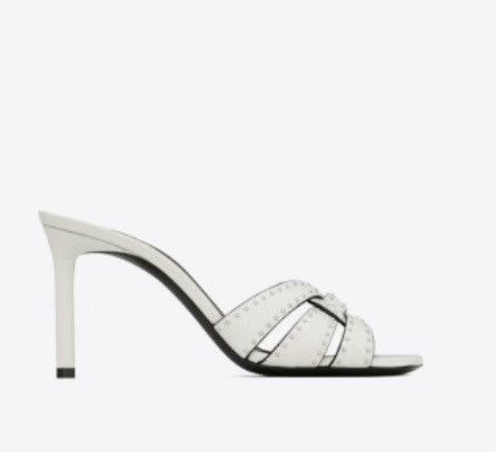 image of Saint Laurent Paris Saint Laurent Tribute Studded Crackled Leather Sandal in Off White, Women's (Si