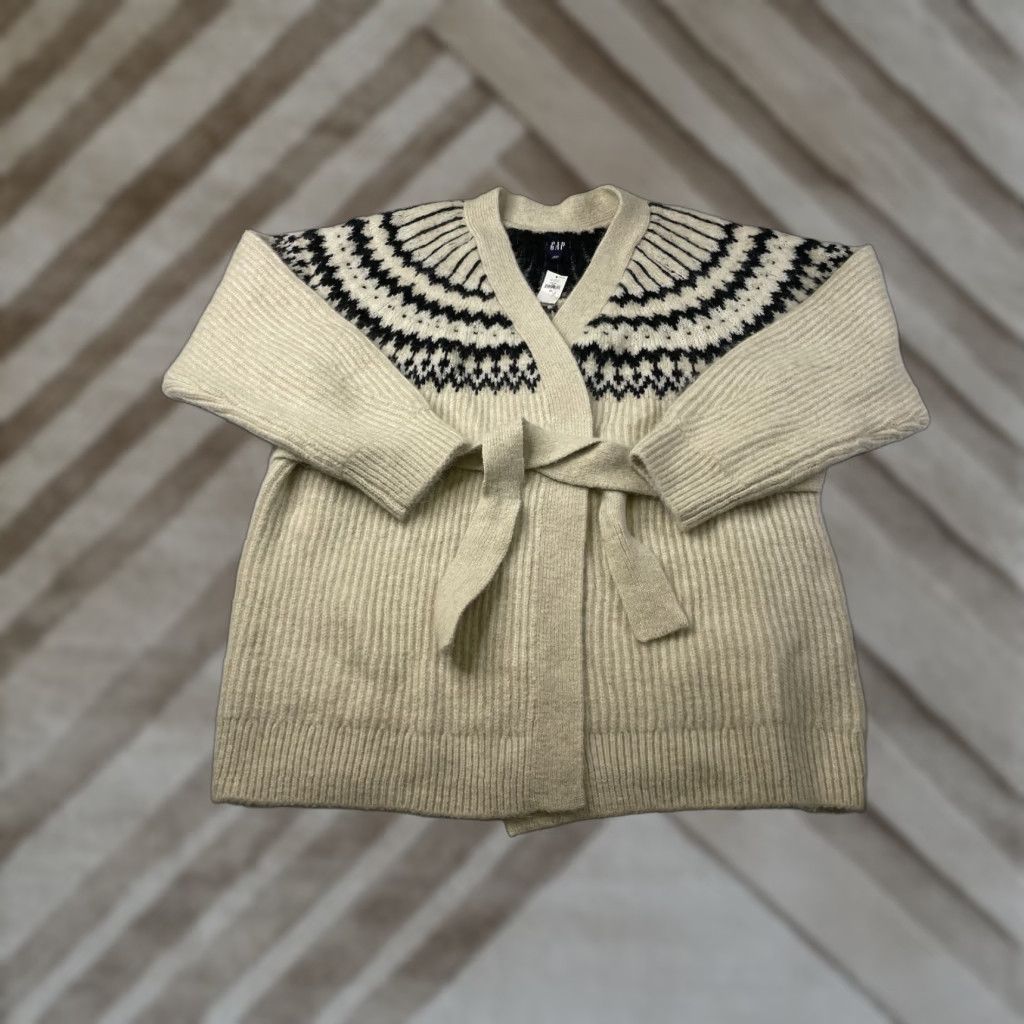 Gap GAP Cardigan Women's XXL Beige Fair Isle Belted Wool Blend Sweater Size XXL / US 16-18 / IT 52-54 - 1 Thumbnail