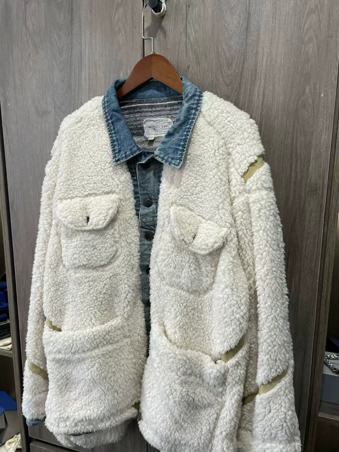 Greg Lauren Denim Shearling Patchwork Jacket