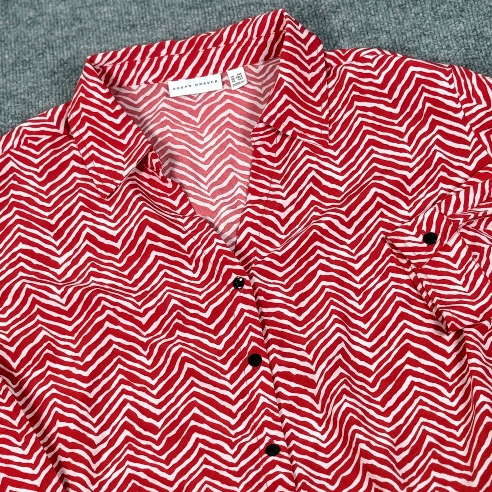 Vintage Susan Graver Button-Up Blouse V-Neck Red White Chevron Print 3XL Geometric Long Sleeve Plus Size Womens Clothing Holiday Size XXL / US 16-18 / IT 52-54 - 2 Thumbnail