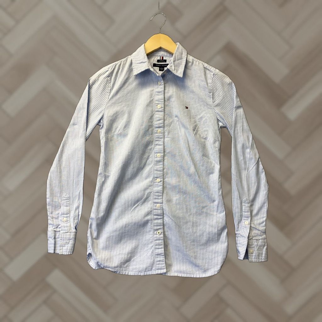 Tommy Hilfiger VINTAGE Tommy Hilfiger Women's Shirt Adult XXS Blue White Stripes Long Sleeve Button-Up Slim Fit Casual Size XXS / US 00 / IT 34 - 1 Thumbnail