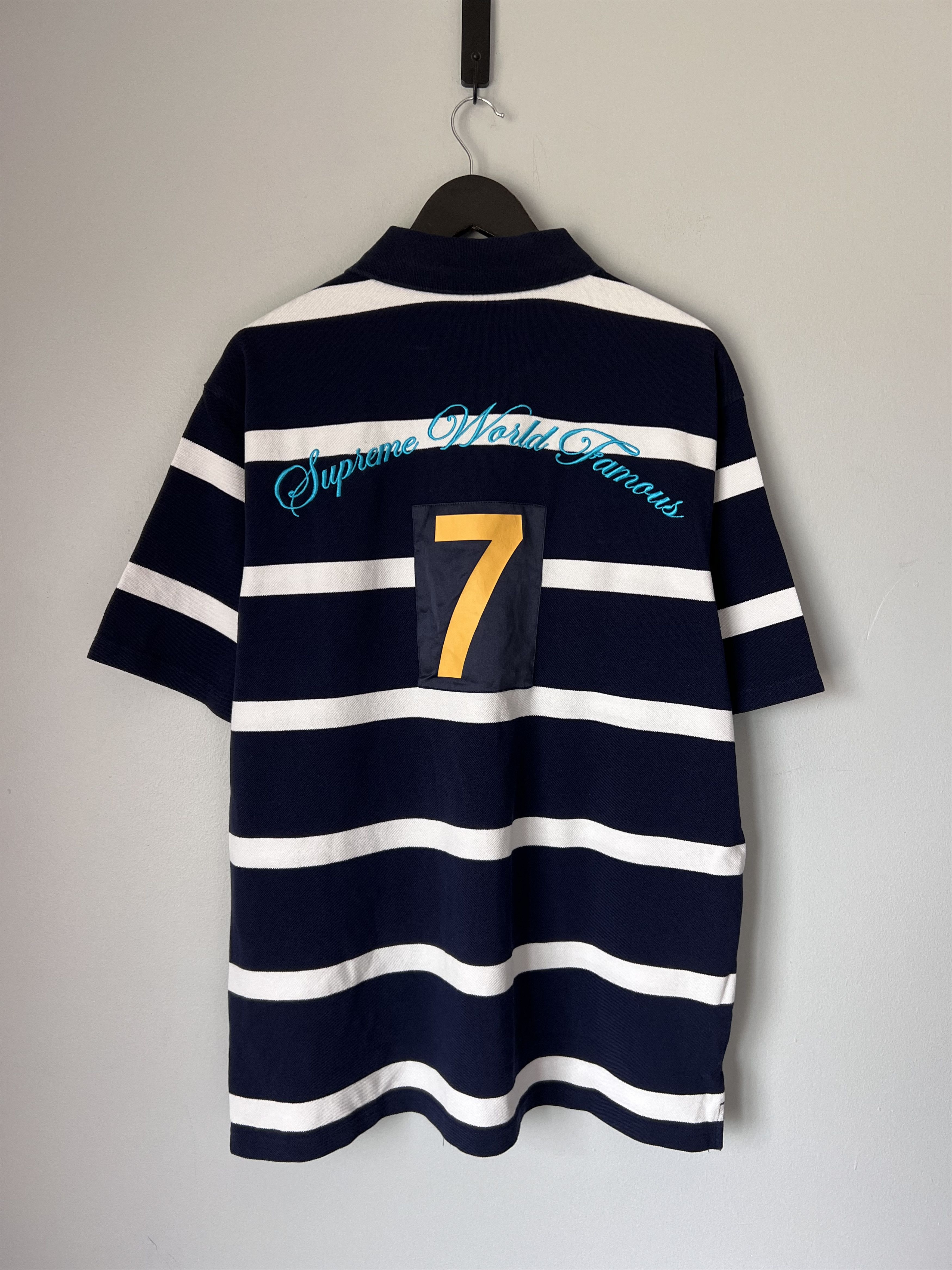 Supreme Cursive Polo in Navy Stripe