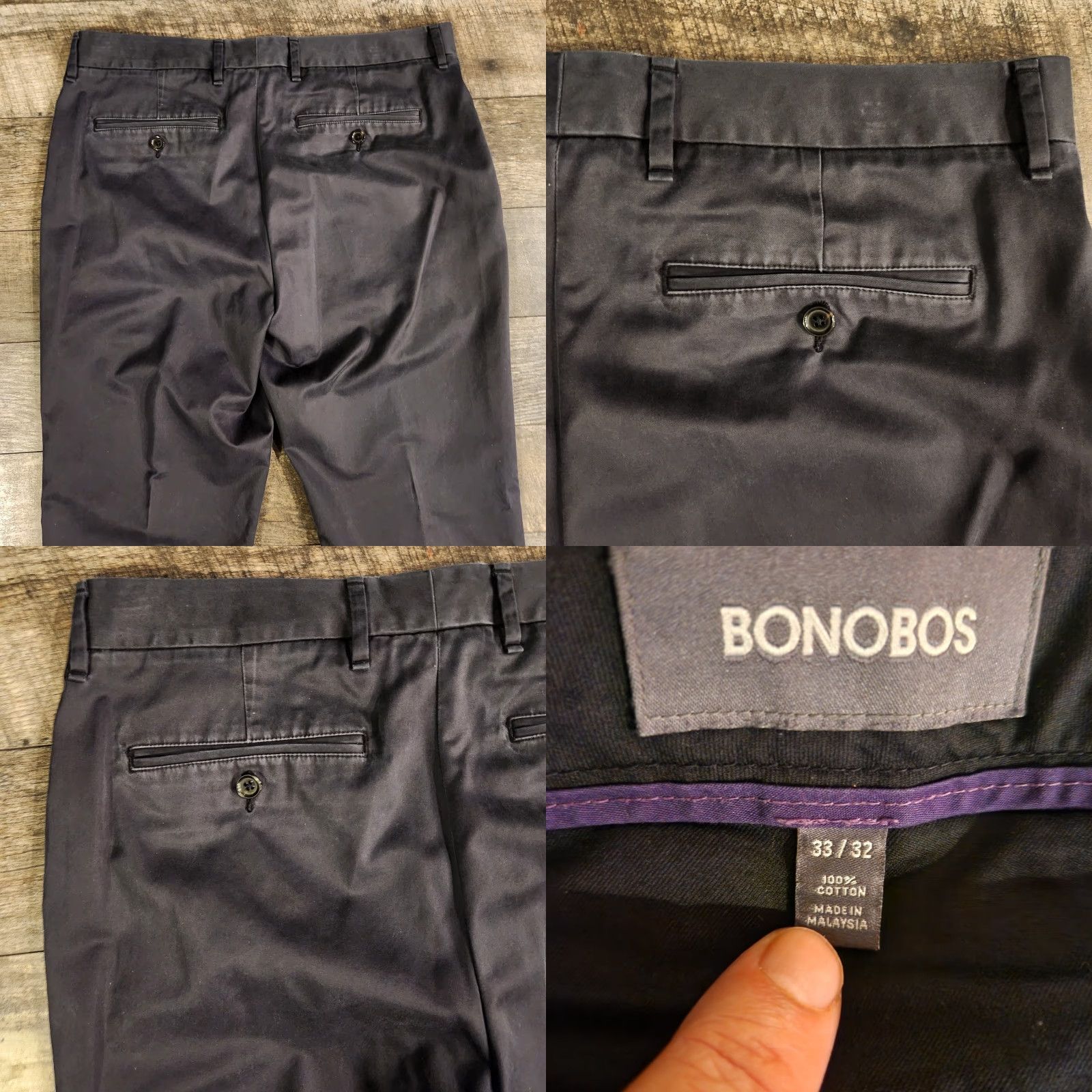 Bonobos Bonobos Tuesday Pants Mens 33x32 Black Flat Front Chino Stretch Slim Straight Size US 33 - 8 Thumbnail