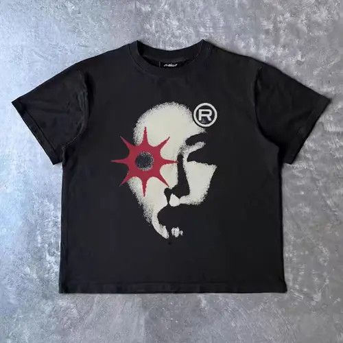 Black street retro face print all-match tee