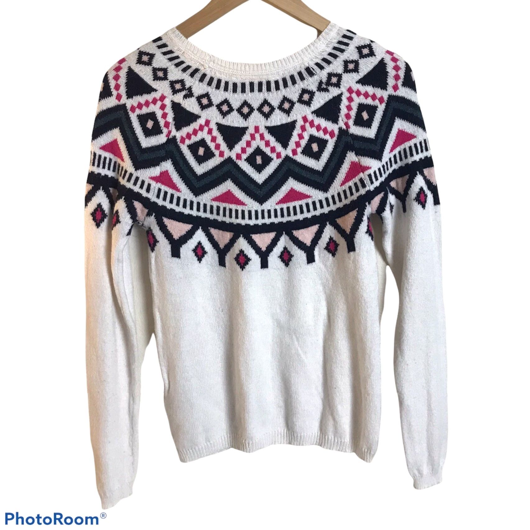 H&M H&M LOGG Sweater Womens XS Fair Isle Knit Pullover LightWeight Alpaca Ivory Pink Blue Casual Wool Blend Knit Size XS / US 0-2 / IT 36-38 - 4 Thumbnail
