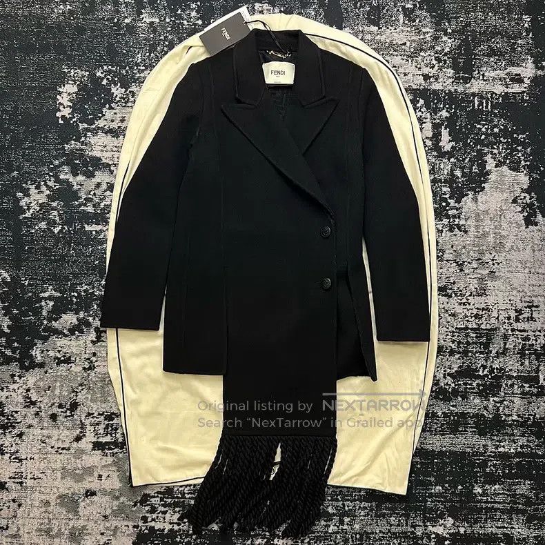Fendi Fendi Black Wool Coat with Fringe Hem and Monogrammed FF L Size XXS / US 00 / IT 34 - 2 Thumbnail