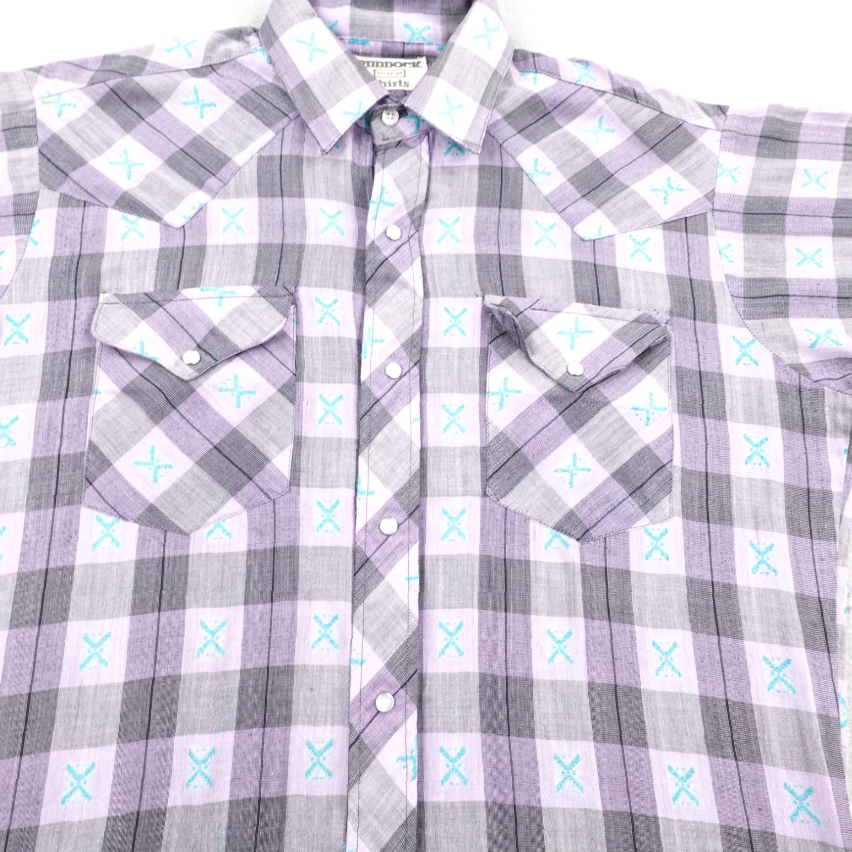 Vintage VINTAGE Ruddock Western Shirt Mens Large Purple Plaid Pearl Snap Short Sleeve Embroidered Pocket Cowboys Aztec 90s Cotton Blend Button-Up Casual Men's Size US L / EU 52-54 / 3 - 3 Thumbnail