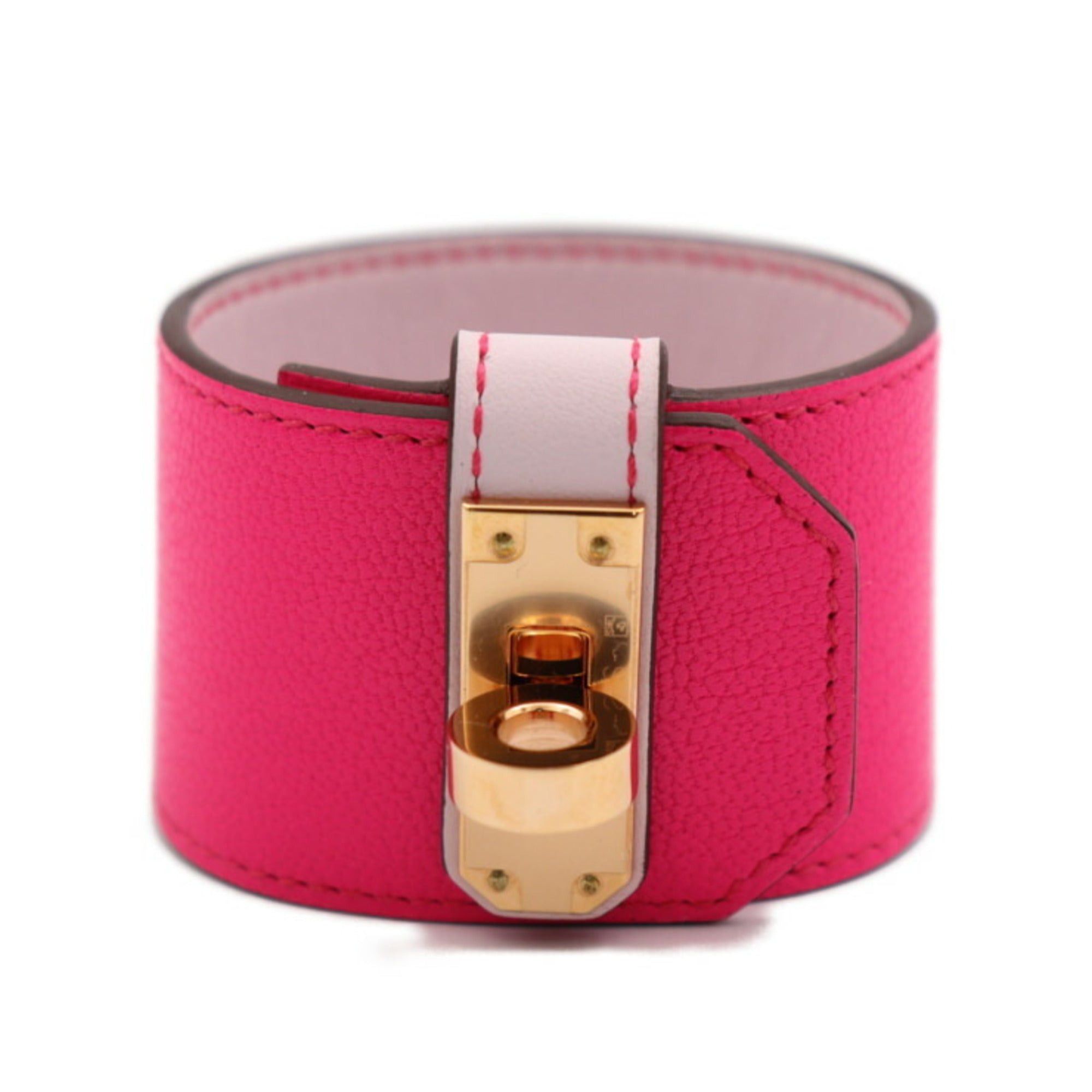 image of Hermes Kelly Twist Gm Bracelet Size T2 Vaux Swift Rose Pop Pink Gold Hardware U Engraved in Black, 