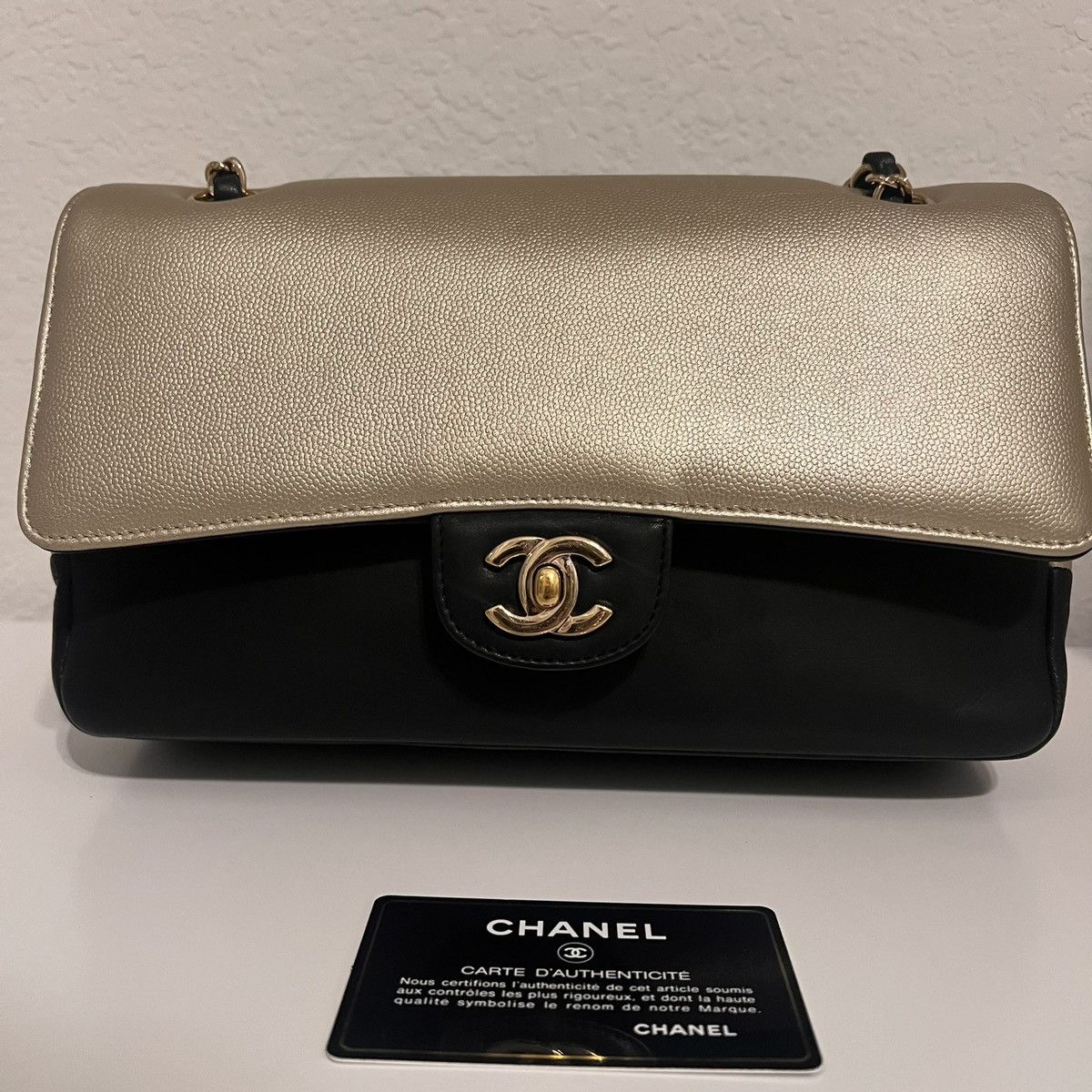 Chanel Black/Gold Leather Pure Classic Medium Double Flap Bag Size ONE SIZE - 1 Thumbnail