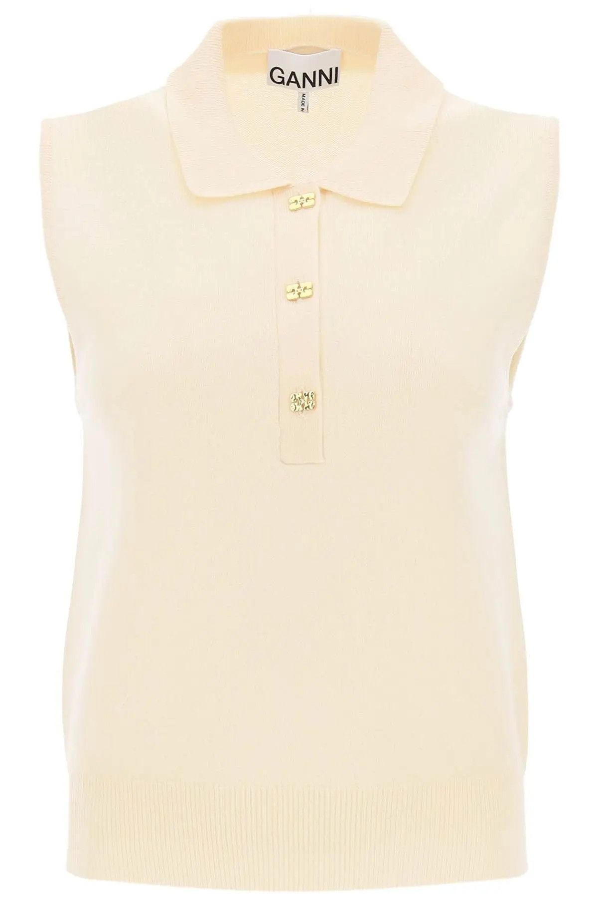 image of Ganni O1S22I1N1223 Wool Cashmere Sleeveless Polo Shirt In Beige, Women's (Size Small)