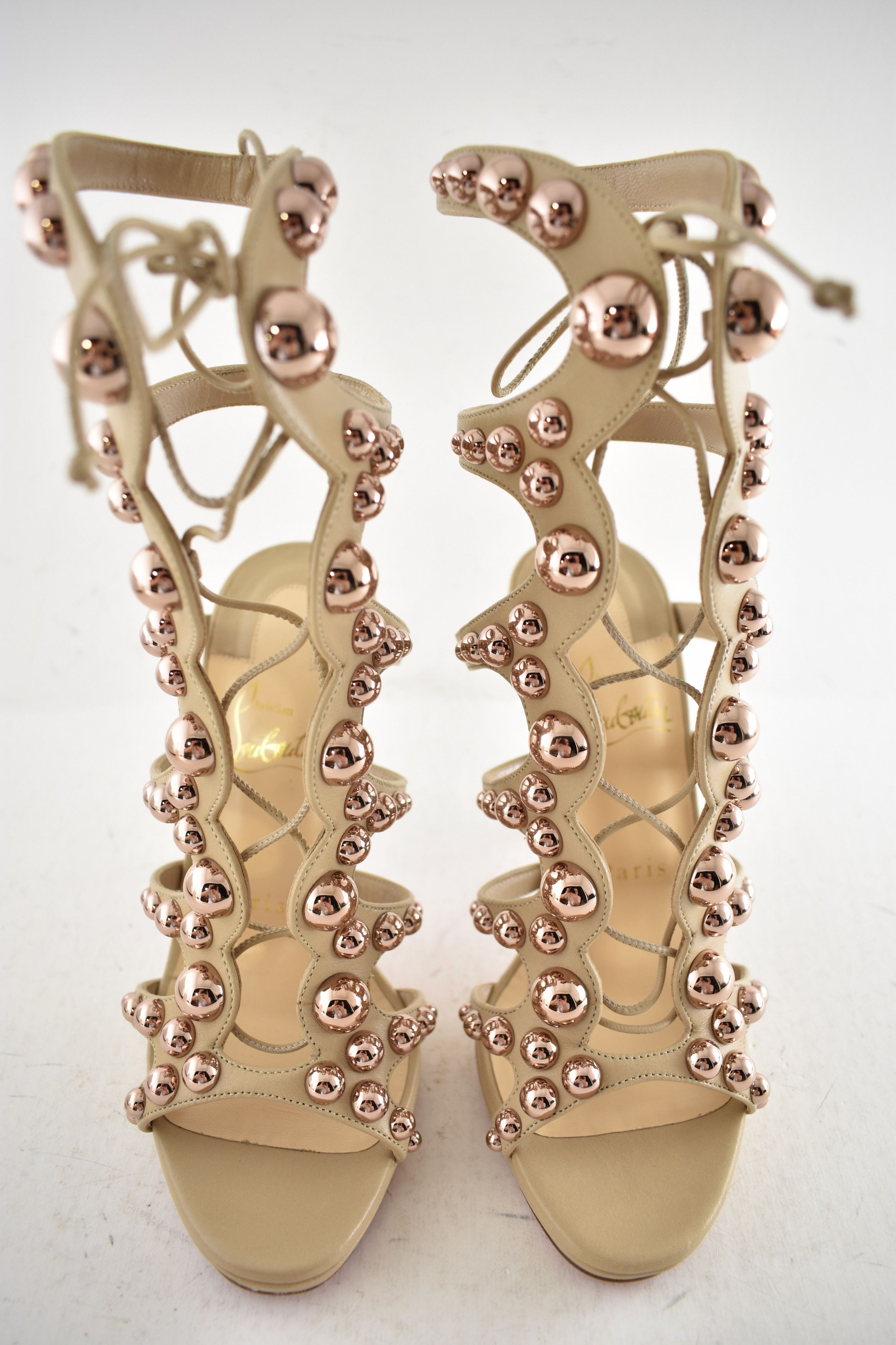 Christian Louboutin Amazoubille 120 Nude Beige Lace Up Tie Sandal Heel Pump 35 Size US 5 / IT 35 - 8 Thumbnail