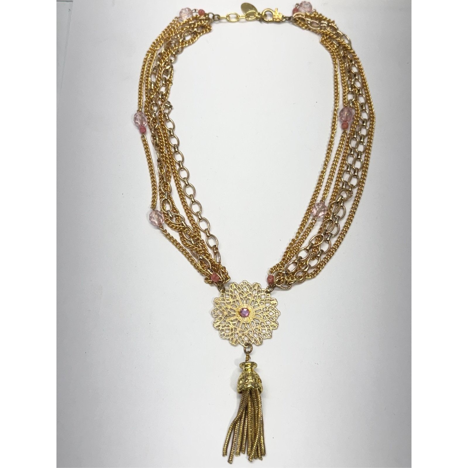 Vintage Vintage pink multi chain pink crystal filigree tassel neckla Size ONE SIZE - 2 Thumbnail